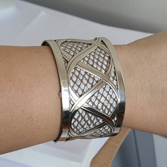 Vintage Brighton Boho Western Wide Chunky Leather Silver Tone Open Cuff Bracelet - Picture 5 of 15
